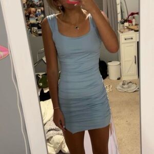 Chic Light Blue Ruched Bodycon Dress